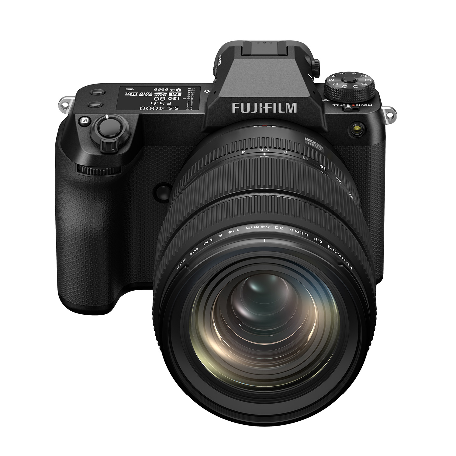 Снимок камеры Fujifilm GFX100S II на белом фоне, вид спереди