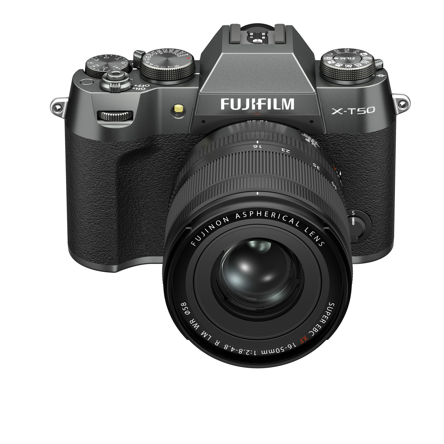 вид спередиСнимок камеры Fujifilm X-T50 на белом фоне, вид спереди